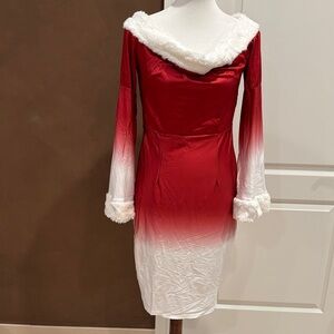 Elegant Gradient Long Sleeve Dress with Faux Fur Trim